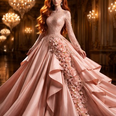 Photorealistic High Fashion Photography, Cinematic Lighting. A breathtaking woman with long, flowing, vibrant red hair cascading gracefully down her back. She is wearing a modest yet magnificent avant-garde ballroom gown in soft rose-pink.

    The dress features a high-neckline lace bodice with a sophisticated, non-transparent lining and elegant, sheer long sleeves adorned with delicate pink floral embroidery at the cuffs. The waist transitions into an extraordinary, voluminous skirt made of massive, sharp fan-like pleats and sculptural ruffled layers that create a dramatic silhouette.

    Beautiful cascading silk roses and cherry blossoms trail from the waist down the side of the structural pleats. She stands in the center of an opulent, gold-leafed grand ballroom under the glow of massive crystal chandeliers. The lighting is warm and ethereal, highlighting the shimmering textures of the fabric and the rich contrast of her red hair. High-end fashion editorial style, 8k resolution, graceful and dignified.