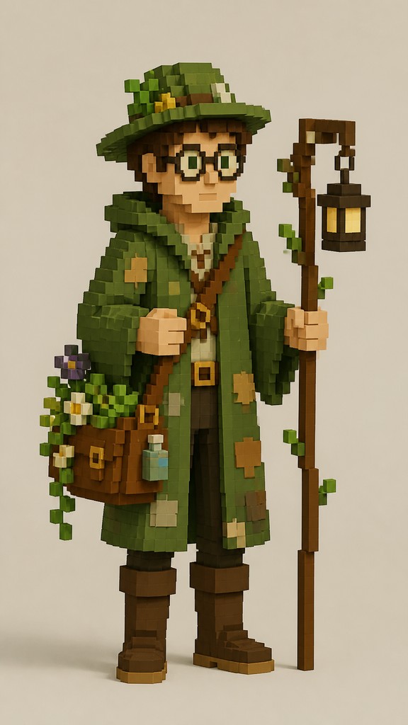 full-body original character: a wandering botanist with a satchel of plants, a patched green cloak, tall boots and round glasses, neutral background