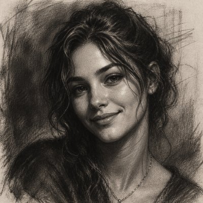 head-and-shoulders portrait of an original character: a young woman with wavy chestnut hair and a warm smile, plain soft backdrop