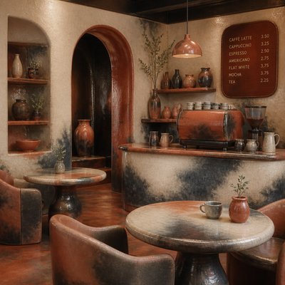 cozy cafe interior with warm lighting