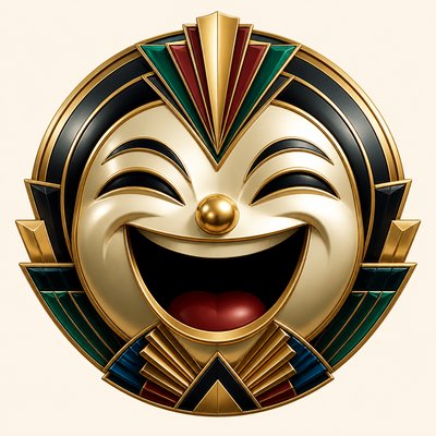 an exaggerated laughing face of an original round mascot character, bold and readable at small size, plain background, no text