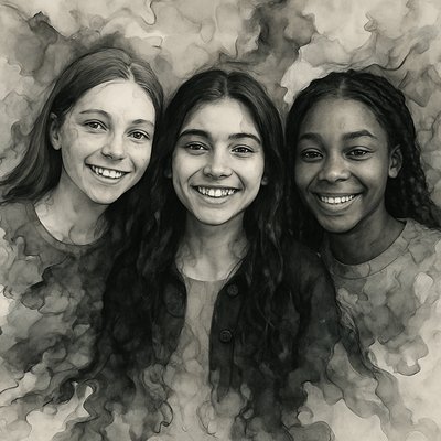 a group of three girls standing next to each other