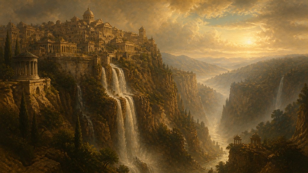 a cliffside city with waterfalls cascading into a misty canyon, wide establishing shot, no people, no text