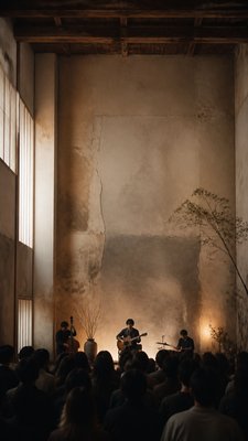 a live music scene with a glowing stage and silhouetted crowd, energetic vertical composition with open space at the top, no text