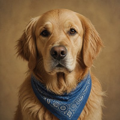 portrait of a golden retriever wearing a blue bandana, warm plain backdrop, no text