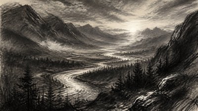 a vast valley with a river winding toward distant mountains at sunrise, no people, no text