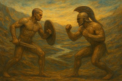 a painting of two men fighting with each other