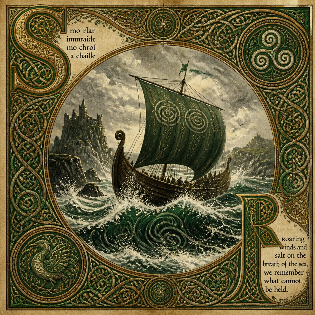 sailing ship on a stormy sea — Irish Art Style