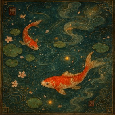 A koi pond seen from above, orange and white koi fish swimming among lily pads, clear water with subtle ripples, fallen cherry blossom petals floating on the surface, dappled sunlight