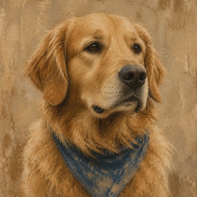 portrait of a golden retriever wearing a blue bandana, warm plain backdrop, no text