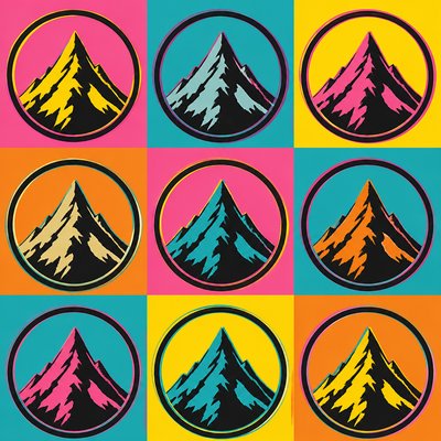 an emblem of a mountain peak inside a circle, simple bold shapes on a plain background, no text or lettering