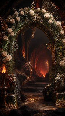 an arch of white roses and eucalyptus in soft morning light, elegant vertical composition with open space, no text