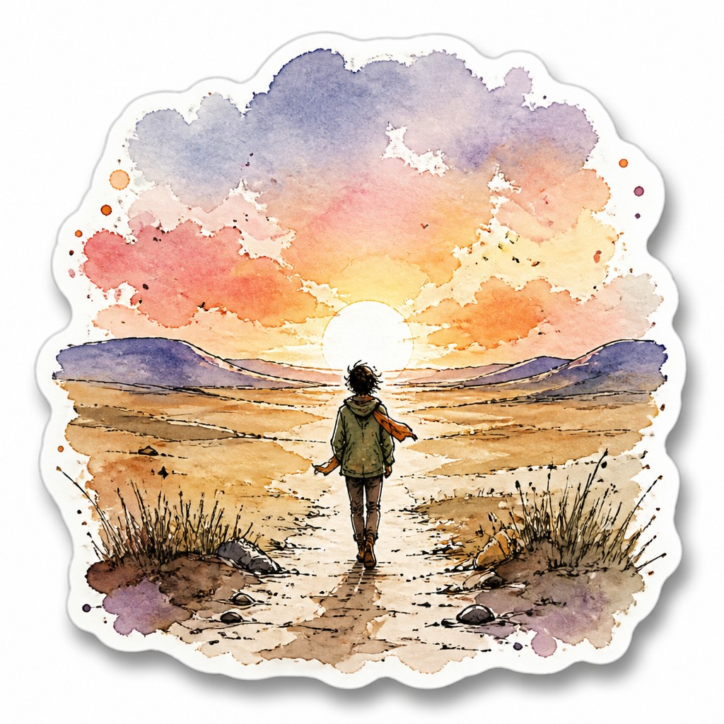 a solitary figure walking toward a glowing horizon across an empty plain, moody atmosphere, no text or lettering