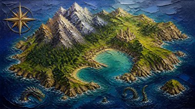 a map of an island realm with mountains, forests, a sheltered bay, sea monsters in the water and a compass rose, no text labels