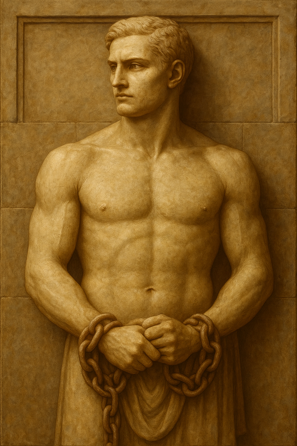 a statue of a man with a chain around his waist