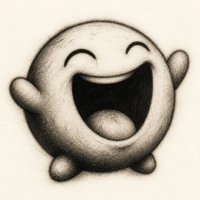 an exaggerated laughing face of an original round mascot character, bold and readable at small size, plain background, no text