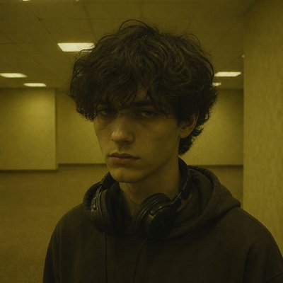 head-and-shoulders portrait of an original character: a young man with curly dark hair and headphones around his neck, plain backdrop, no text
