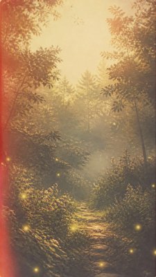 a mysterious forest path with fireflies and drifting mist, atmospheric vertical composition with open space at the top, no text