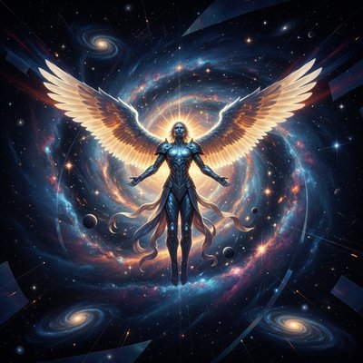 A sweeping digital fantasy painting of a majestic angel with large, feathered wings made of glowing white light and golden energy, suspended within the center of a massive cosmic whirlwind. The whirlwind itself is a swirling spiral galaxy, composed of vibrant nebulae, millions of sparkling stars, dust lanes in deep blues, purples, and oranges, and miniature planets caught in the flow. The angel, wearing flowing, armored robes of starlight, looks serene with outstretched arms. The background is the dark expanse of deep space filled with distant galaxies. The style is epic and cinematic.
