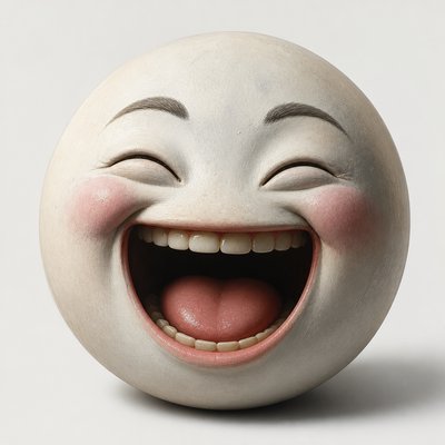 an exaggerated laughing face of an original round mascot character, bold and readable at small size, plain background, no text