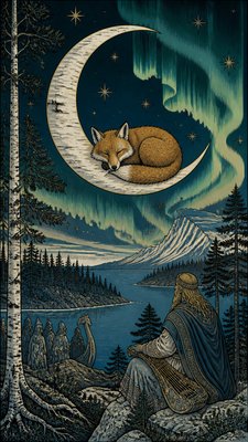a sleeping baby fox curled on a crescent moon among soft stars, gentle and warm, no text