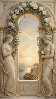an arch of white roses and eucalyptus in soft morning light, elegant vertical composition with open space, no text