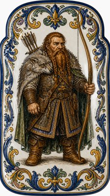 full-body original character: a dwarven ranger with a braided auburn beard, worn leather armor, a longbow and a wolf-pelt cloak, neutral background, no text