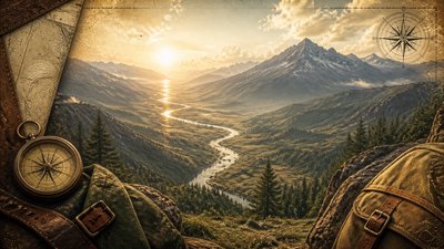 a vast valley with a river winding toward distant mountains at sunrise, no people, no text