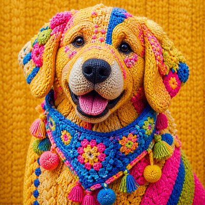 portrait of a golden retriever wearing a blue bandana, warm plain backdrop, no text