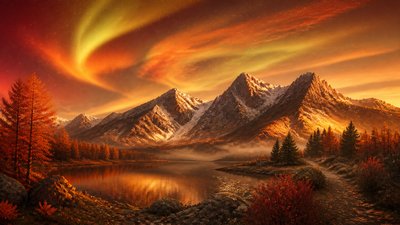 a flowing aurora over snowy peaks, wide sweeping composition, no people, no text