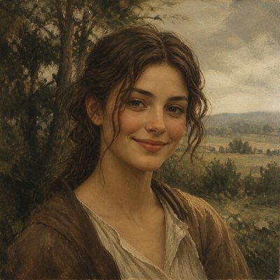 head-and-shoulders portrait of an original character: a young woman with wavy chestnut hair and a warm smile, plain soft backdrop