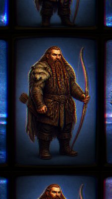 full-body original character: a dwarven ranger with a braided auburn beard, worn leather armor, a longbow and a wolf-pelt cloak, neutral background, no text