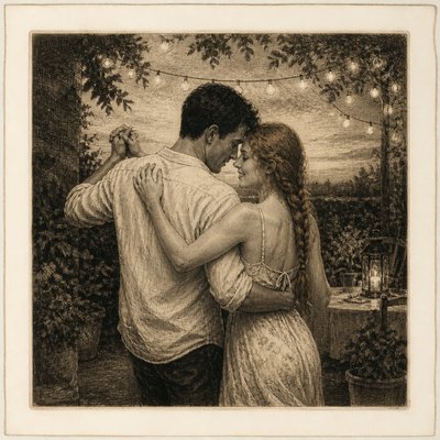 an original couple dancing under string lights in a garden at dusk: a man with short black hair in a linen shirt and a woman with braided red hair in a summer dress