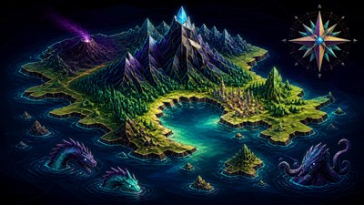 a map of an island realm with mountains, forests, a sheltered bay, sea monsters in the water and a compass rose, no text labels