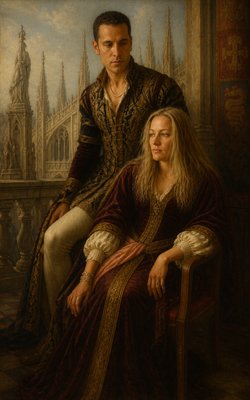 a painting of a man and woman sitting next to each other