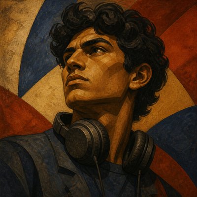 head-and-shoulders portrait of an original character: a young man with curly dark hair and headphones around his neck, plain backdrop, no text