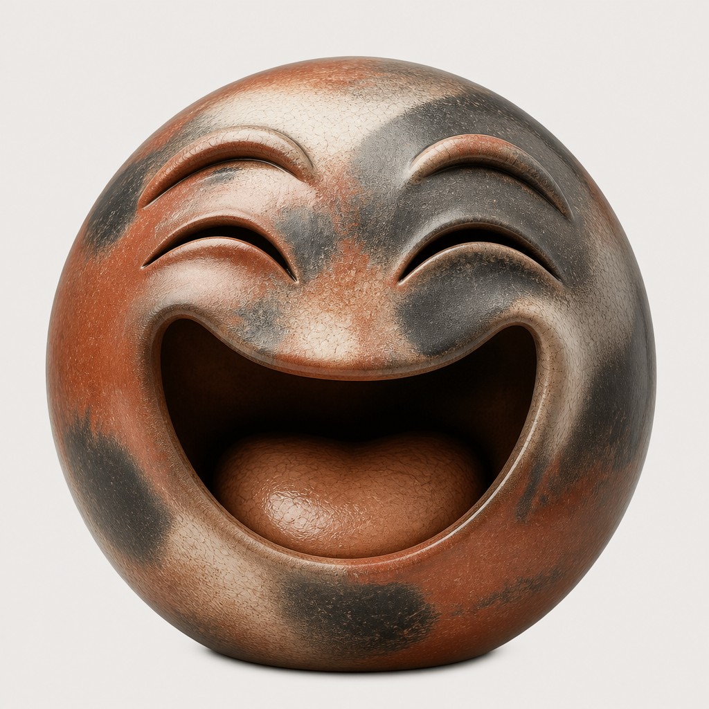 an exaggerated laughing face of an original round mascot character, bold and readable at small size, plain background, no text