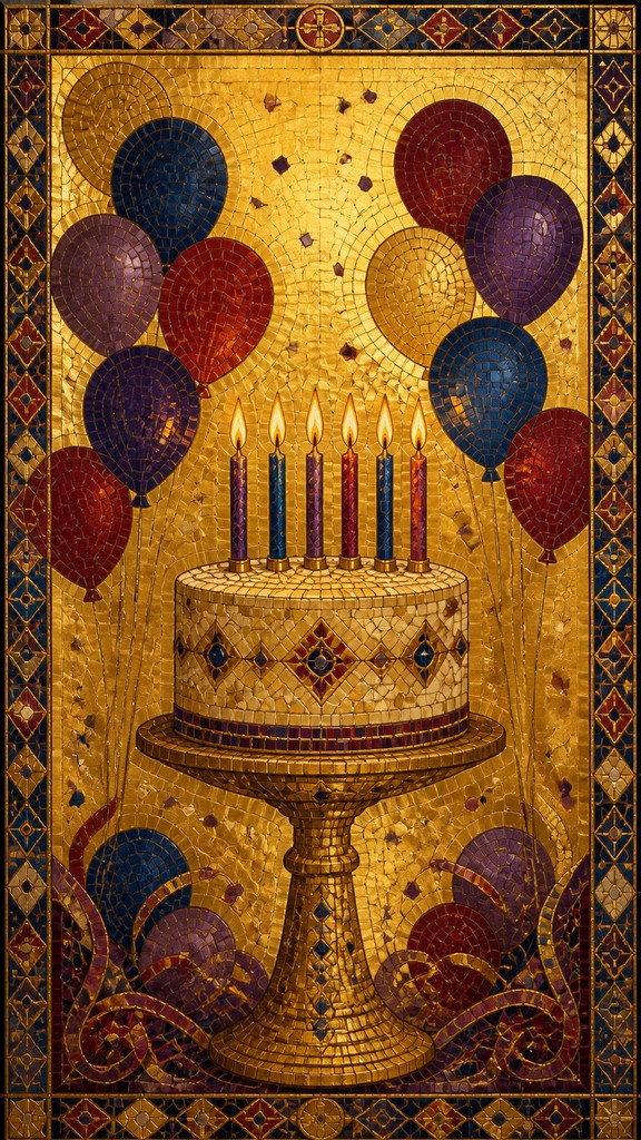 a birthday cake with lit candles surrounded by balloons and confetti, festive vertical composition, no text
