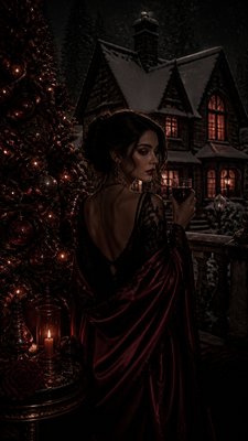 a snow-covered cottage with warm glowing windows beside a decorated pine tree, gentle snowfall, no text