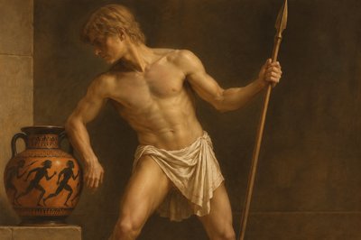 a painting of a man holding a stick