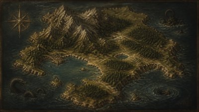 a map of an island realm with mountains, forests, a sheltered bay, sea monsters in the water and a compass rose, no text labels