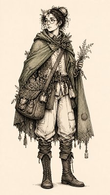 full-body original character: a wandering botanist with a satchel of plants, a patched green cloak, tall boots and round glasses, neutral background