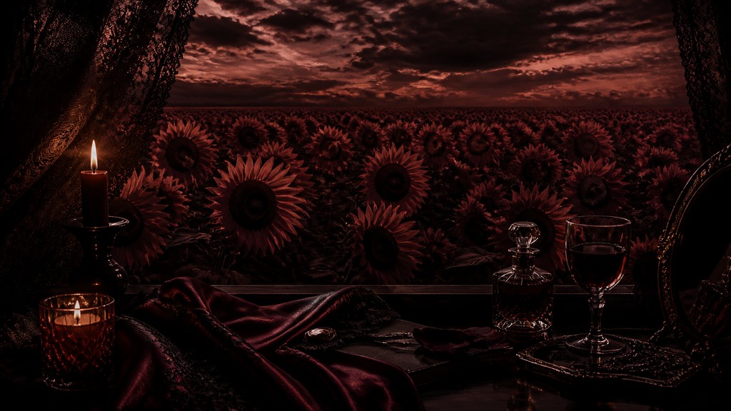 an endless field of sunflowers under summer clouds, no people