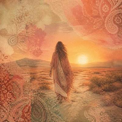a solitary figure walking toward a glowing horizon across an empty plain, moody atmosphere, no text or lettering