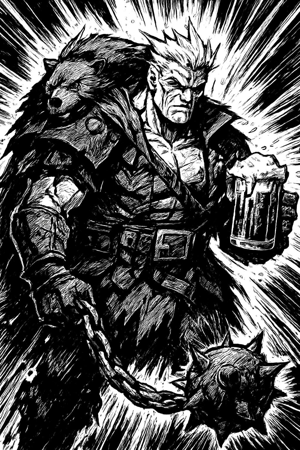 a black and white drawing of a man holding a beer