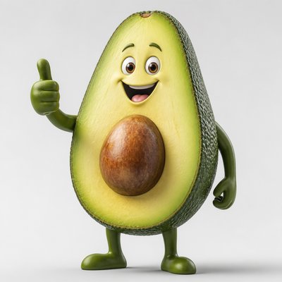 a happy avocado character giving a thumbs up, bold readable design on a plain background, no text