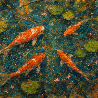 A koi pond seen from above, orange and white koi fish swimming among lily pads, clear water with subtle ripples, fallen cherry blossom petals floating on the surface, dappled sunlight