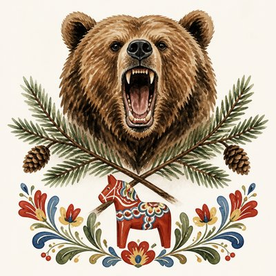 a roaring bear head above crossed pine branches, bold graphic composition on a plain background, no text