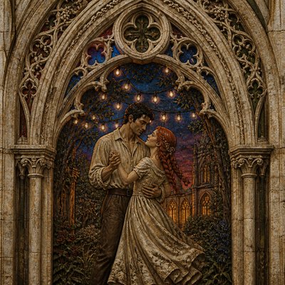 an original couple dancing under string lights in a garden at dusk: a man with short black hair in a linen shirt and a woman with braided red hair in a summer dress