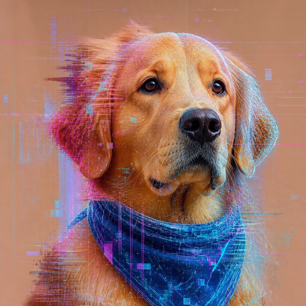 portrait of a golden retriever wearing a blue bandana, warm plain backdrop, no text
